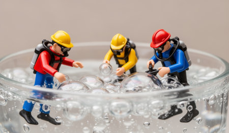 Three colorful figures in safety gear engage with bubbles in a glass filled with water. Their lively poses capture a sense of adventure and curiosity, creating a humorous scene.の写真素材