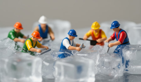 Miniature construction workers in colorful helmets work together on a sparkling ice surface, shaping and crafting as they navigate their cool environment, showcasing teamwork and creativity.の写真素材
