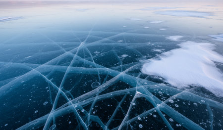 Waves of frozen ice stretch across the calm lake, creating intricate designs beneath the surface. The early morning light casts a soft glow, illuminating the serene winter scene.の写真素材