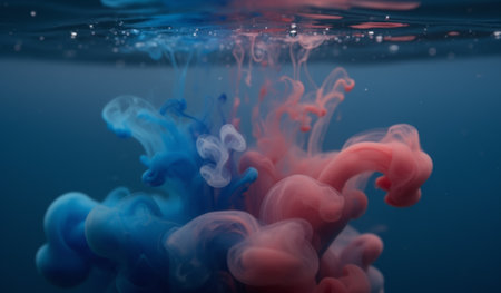 Beneath the calm water surface, vibrant blue and pink colors twist and swirl together, creating an enchanting visual spectacle. The patterns shift gracefully, captivating the viewer with their beauty.の写真素材
