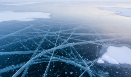 Cracks and bubbles form elaborate designs across the icy surface of a frozen lake. The tranquil winter scene captures the beauty of nature's artistry under dim, cold light.の写真素材