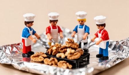 Four cheerful chefs gather around a grill, enthusiastically cooking walnuts. Their colorful outfits create a joyful scene, highlighting friendship and fun in a lively kitchen setting.の写真素材