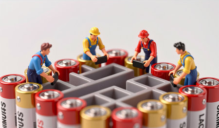 Small figurines in colorful work attire carefully construct a maze, showcasing teamwork and creativity.の写真素材