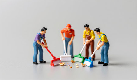 Four tiny figures dressed in bright clothing are gathered around, busily using small brooms to sweep up crumbs on a smooth surface. Their teamwork reflects a sense of fun and cooperation.の写真素材