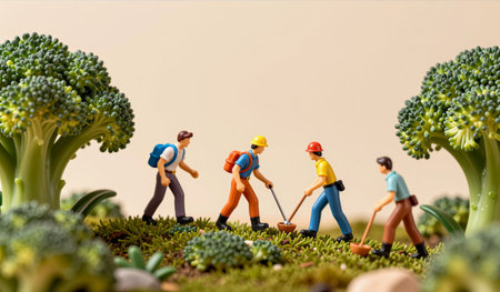 Four miniature figures enthusiastically dig in a lush, green broccoli setting. The scenery is colorful, showcasing trees and plants in an imaginative gardening scene.の写真素材