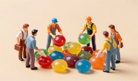 A group of miniature workers in bright outfits collaborates around a vibrant pile of jelly beans. Their playful arrangement showcases teamwork and creativity in a whimsical setting.の写真素材
