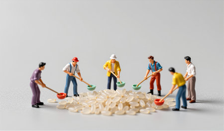 Miniature workers in colorful outfits scoop and measure rice grains on a table. Their teamwork highlights the importance of food preparation in a creative setting, capturing a fun and playful moment.の写真素材