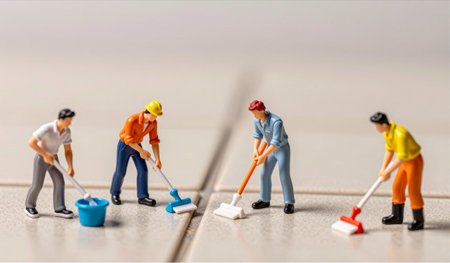 Four miniature figures engage in cleaning, using mops and buckets to wipe the floor. Their teamwork...