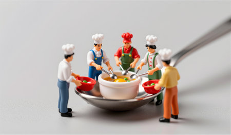 Tiny chefs gather around a large bowl, cheerfully mixing vibrant ingredients together. Their playful activity brings a fun, artistic touch to the culinary process.の写真素材
