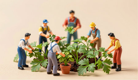 Six miniature gardeners tending to lush green plants, carefully pruning and nurturing herbs in a...