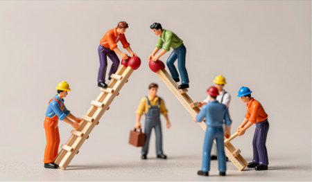 In a playful scene, miniature construction workers are balancing on ladders while collaborating to...