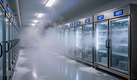 A vast freezer room lined with several glass door units. Cold mist fills the air as the temperature drops, showcasing advanced preservation technology.の写真素材