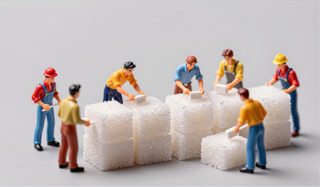 Tiny figurines collaborate to stack white sugar cubes into a unique formation. The scene is lively, showcasing teamwork in a whimsical, imaginative world.の写真素材
