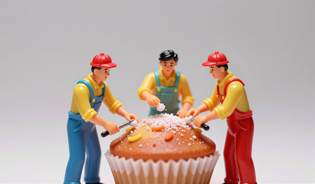 In this cheerful scene, three colorful toy figures work together to sprinkle vibrant toppings on a...