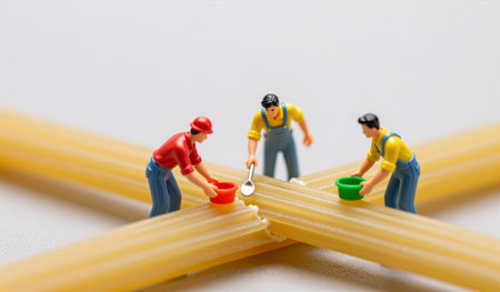 Three tiny figures engage in a creative activity, using buckets and a spoon to build a structure with strands of pasta. Their teamwork adds a fun and imaginative touch to this playful setting.の写真素材