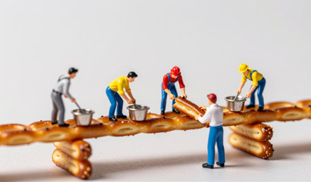 In a whimsical setting, tiny figures work together to build a bridge made of pretzels. They carry tools, buckets, and showcase teamwork. Bright colors add to the lively atmosphere of this fun craft.の写真素材
