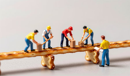 In a creative scene, tiny construction workers work together to stack boxes atop a pretzel bridge.の写真素材