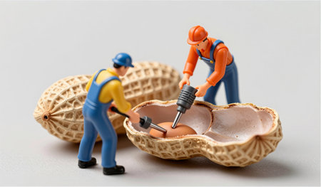 Two miniature figures engage in a playful task as they use tools to drill into a peanut, showcasing...