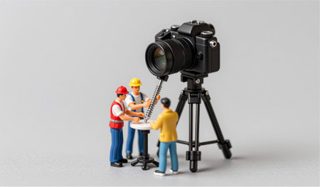 Tiny figurines work together to repair a black camera mounted on a tripod. They focus intently on...