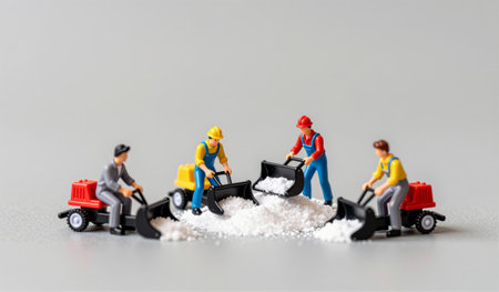 Four small figurines actively use mini snow plows to clear white salt, creating a playful winter...