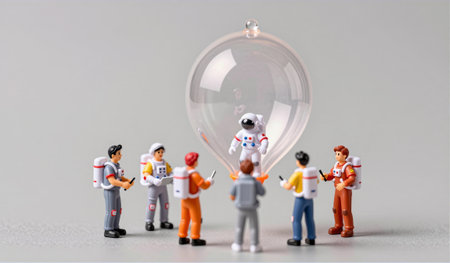Miniature astronauts surround a clear bubble showcasing a toy astronaut, engaged in an imaginative...