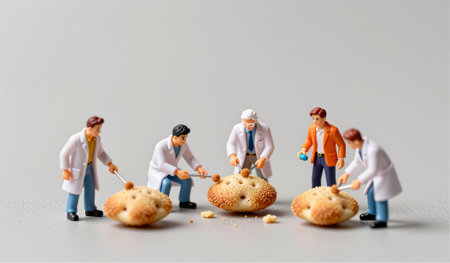 Five small figures dressed as scientists gather around two large cookies, inspecting them closely with tools.の写真素材