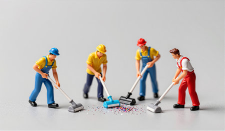Miniature figures dressed as construction workers gather around to clean a colorful pile of glitter...