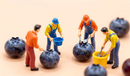 Four tiny farmers gather ripe blueberries, using buckets and spoons to collect the juicy fruits. The scene captures a playful moment of harvest on a soft pastel surface, evoking a cheerful atmosphere.の写真素材