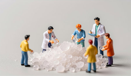 In a bright laboratory, a group of six scientists is examining a large pile of white granules.の写真素材