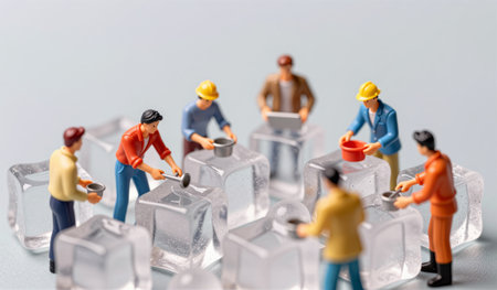 Small figures engage in various construction tasks atop clear ice cubes, creating a whimsical scene....