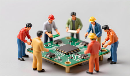 Miniature figures gather around a vibrant circuit board, collaborating on its assembly. Each worker...