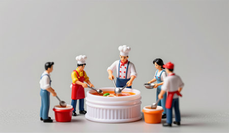 Miniature chefs with colorful outfits gather around a large pot, working together to create a...