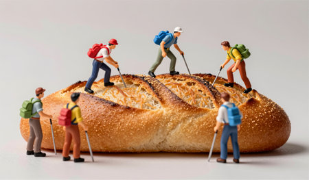 Miniature hikers with backpacks and poles are busy scaling a large loaf of bread, scaling its crusty...