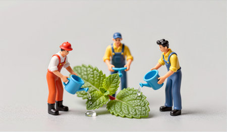 Three miniature gardeners are pouring water onto a vibrant green plant. Their colorful attire and...