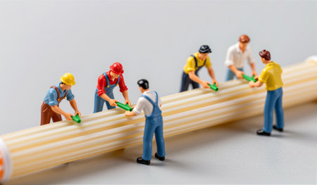 Small figures, dressed as construction workers, work together on a large wooden beam. They are engaged in an imaginative construction project, showcasing teamwork and creativity.の写真素材