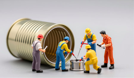 Five tiny workers in colorful outfits gather around a small can, using tools to complete their task....