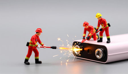 Tiny firefighter figures are actively dealing with a spark coming from a battery. They use tools to...