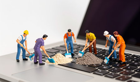Tiny construction workers are gathered around a laptop keyboard, using shovels to move piles of sand and gravel, creating a whimsical scene that blends technology and imagination.の写真素材