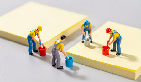 Small figurines dressed as workers are busy applying paint from buckets onto sticky notes in a bright workspace. Their vibrant outfits add a cheerful touch to the scene.の写真素材