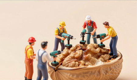 Miniature construction workers are busy drilling into a giant walnut shell as they tackle an unusual...