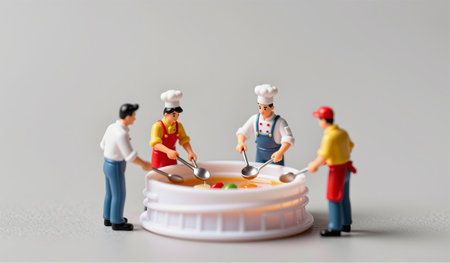 Four miniature chefs gather around a circular pot, mixing vibrant ingredients with spoons. Their teamwork highlights creativity in a playful culinary scene.の写真素材