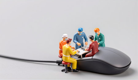 Miniature figures engage in a focused meeting on a computer mouse, discussing tasks and ideas.の写真素材