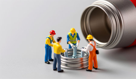 Four tiny figures in hard hats and safety vests collaborate to assemble a mechanical piece around a large bottle cap.の写真素材