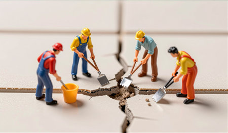Small action figures gather around a crack in tiles, each holding tools as they work diligently to repair the damage. The scene captures a sunny afternoon filled with teamwork and focus.の写真素材