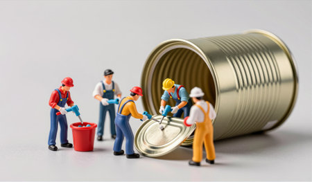 A small team of miniature workers engages in a construction task near a large metal can. Bright colors highlight their outfits as they focus on their duties, creating a charming scene.の写真素材