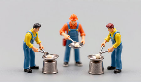 Three miniature figurines wearing colorful work outfits are focused on a kitchen activity. They use metal bowls and spoons, creating a fun, imaginative scene of teamwork in a whimsical kitchen.の写真素材