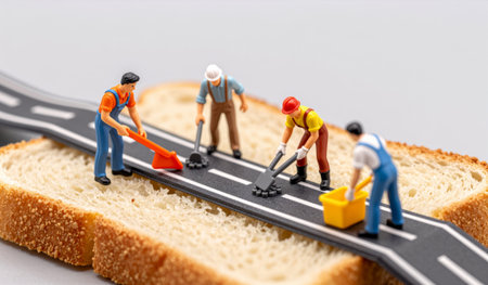 Miniature figures are busy fixing a road laid out on a slice of bread, showcasing a playful blend of...
