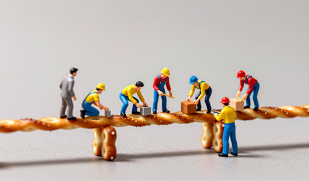 Miniature figures engage in a bustling scene on a pretzel bridge, lifting boxes and collaborating. The warm lighting sets a joyful atmosphere during this playful workday.の写真素材