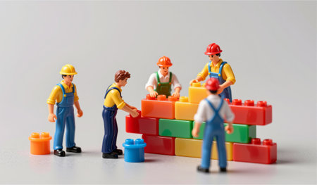 Five children dressed as construction workers joyfully build a wall with bright, colorful blocks. Their teamwork and creativity shine as they arrange the pieces with care.の写真素材