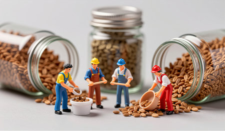In a vibrant workspace, tiny figures in work uniforms gather seeds from jars, showcasing teamwork...